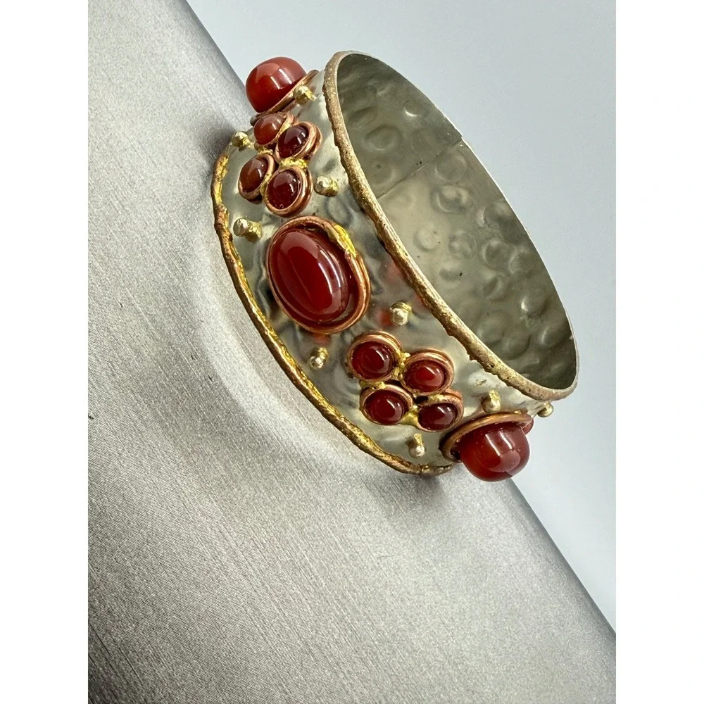 Vintage Boho red Cabochon Studded Bangle Bracelet Hammered Silver Tone Statement